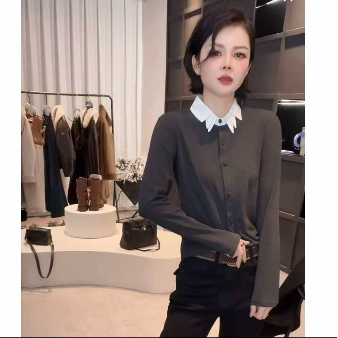 《姚家优麦汇》Y7395冬款磨毛衬衫领设计感百搭长袖显瘦上衣款女