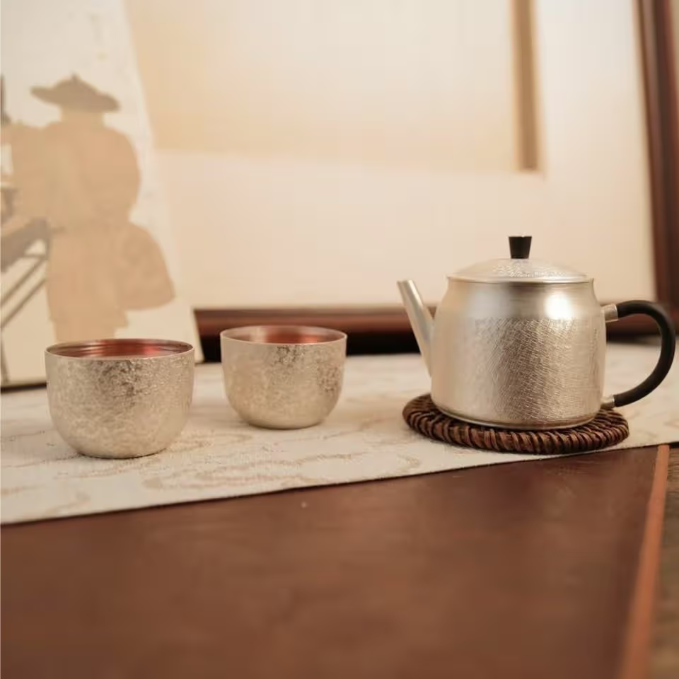 壶尔摩斯《布纹》套组一壶两杯 家用纯手工小容量便携银壶足银999