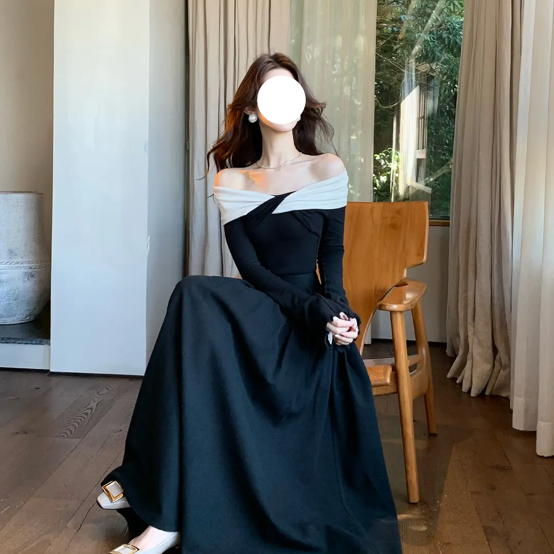 2025秋季秋冬韩式时尚赫本一字肩没白拼接上衣+小黑裙时尚套装