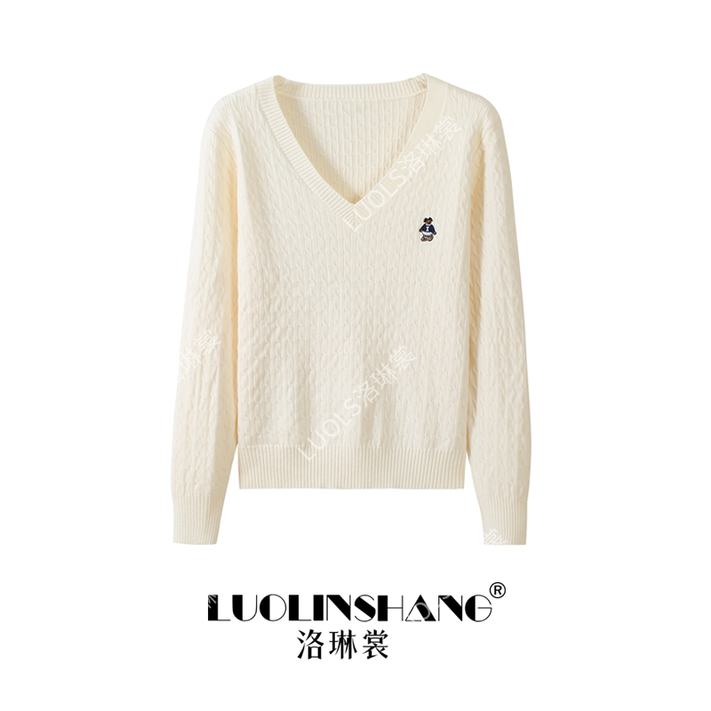 麻花纹理V领小熊刺绣打底衫秋冬修身内搭洋气百搭毛衣女2951