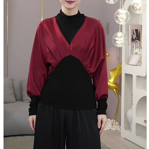 现货2025春秋新款【DD-832】气质轻奢拼接酒红色显瘦衬衫复古上衣女