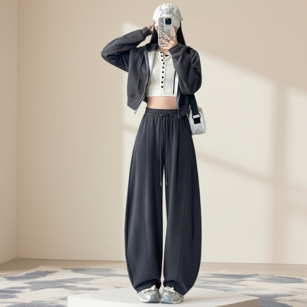 黑色弯刀运动裤子女款秋冬季2025新款高腰大码小个子阔腿加绒卫裤