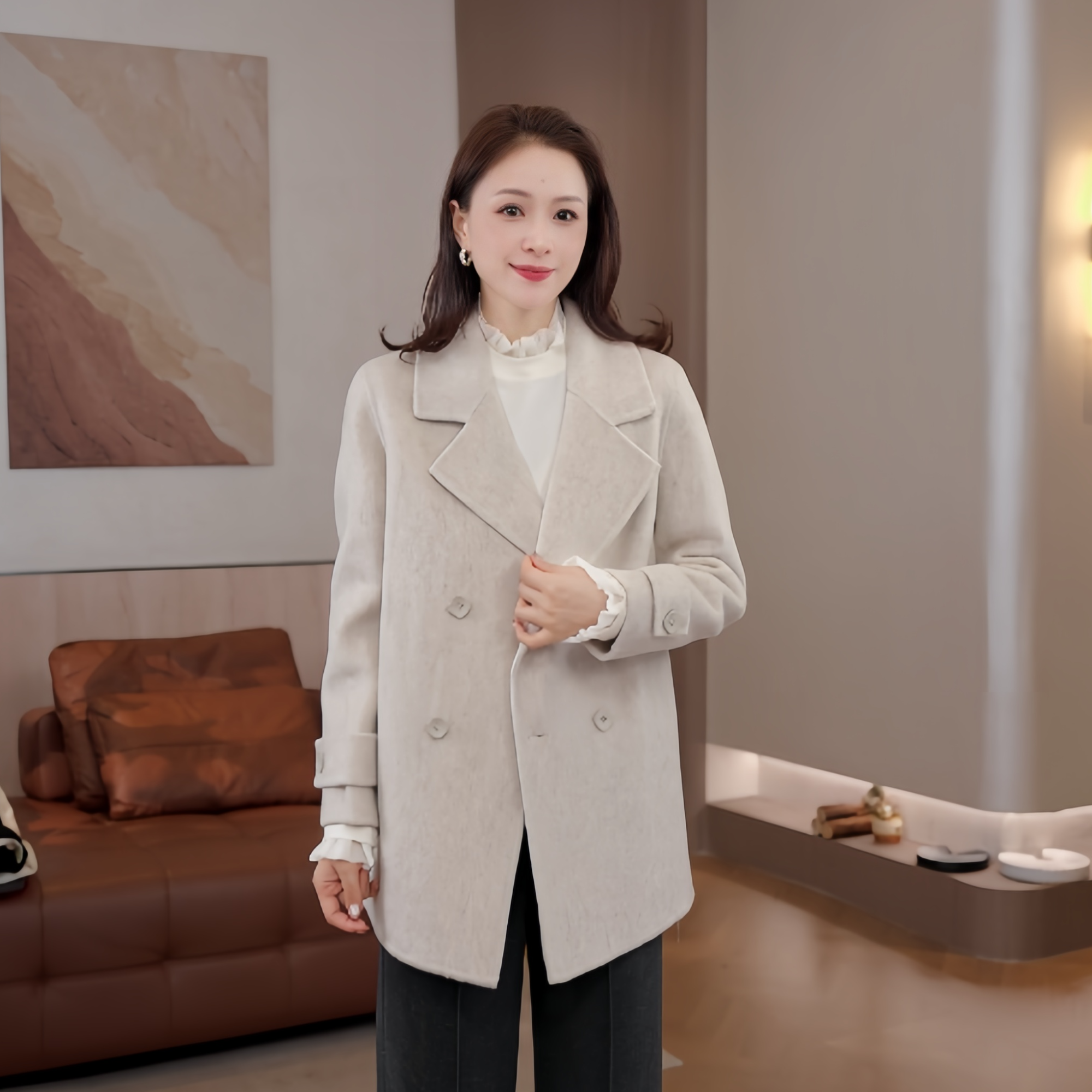 豆豆1【漫游云端】绵羊毛秋冬纯色保暖中长款显瘦毛呢外套2800125QW