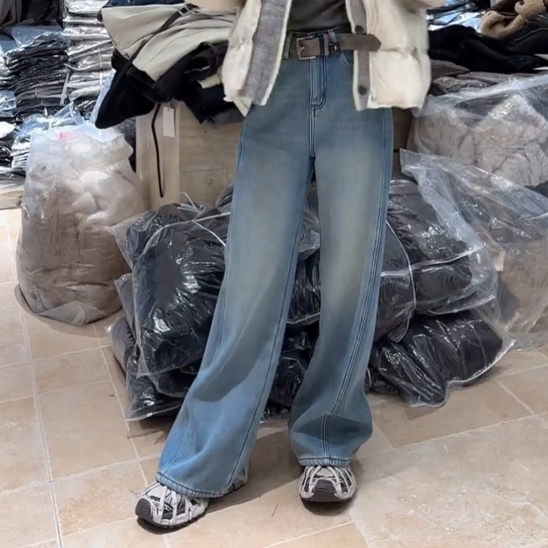 2025新款百搭韩系冬季显瘦高腰牛仔裤直筒裤加绒加腰带LK2507775