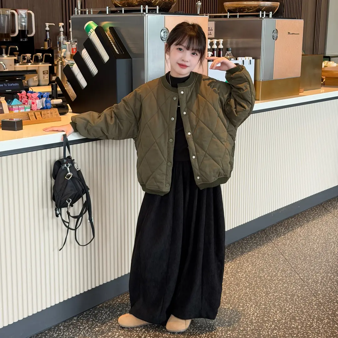 女童夹棉夹克加厚棒球服外套2025新款秋冬保暖时尚加绒弯刀阔腿裤