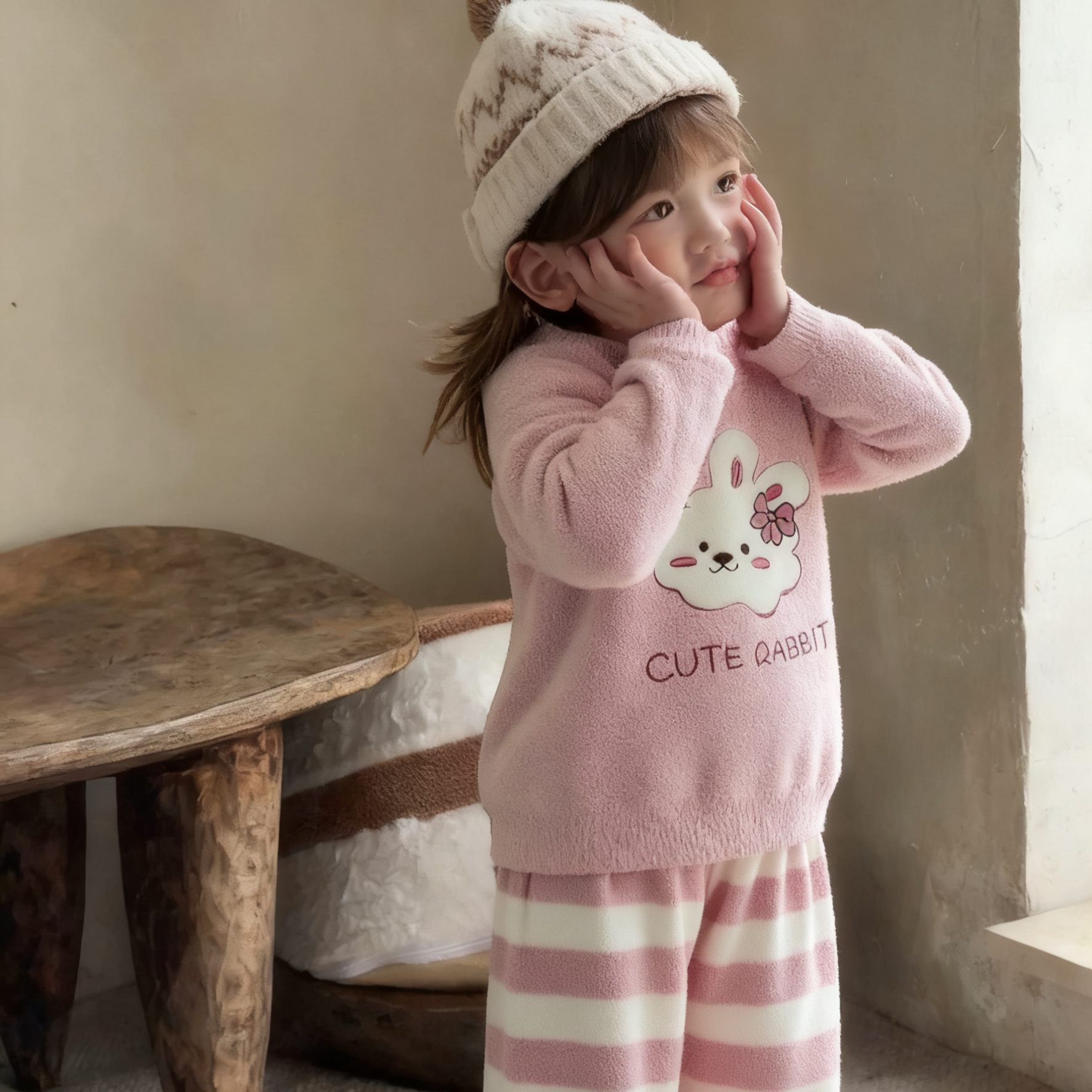 儿童保暖卡通家居服套装男童冬季加厚开衫睡衣女童公主风条纹睡裤