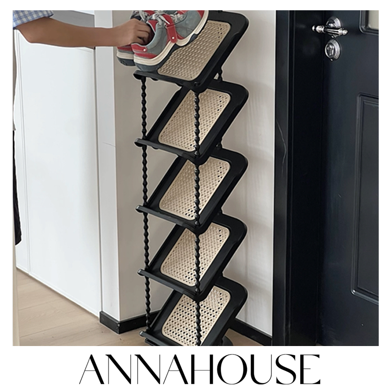 ANNAHOUSE中古藤编倾斜鞋架分层家用门口室内小窄夹缝收纳鞋架CY