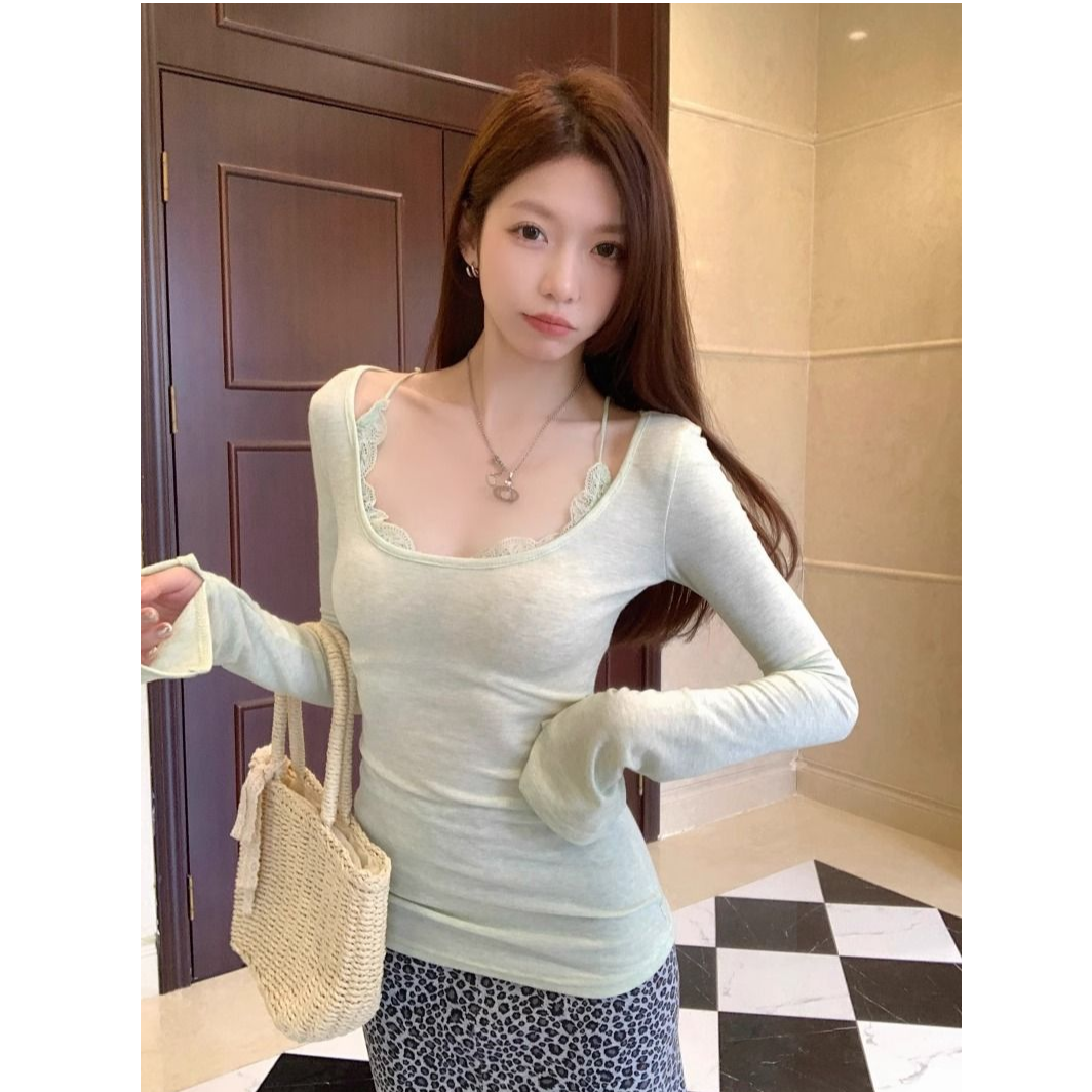 纯欲设计感假两件蕾丝花边长袖T恤女修身打底衫上衣