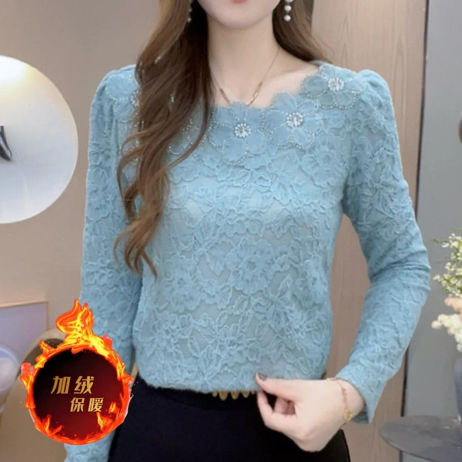 2026冬季磨毛上衣打底衫显瘦静奢风保暖长袖花瓣领蕾丝洋气
