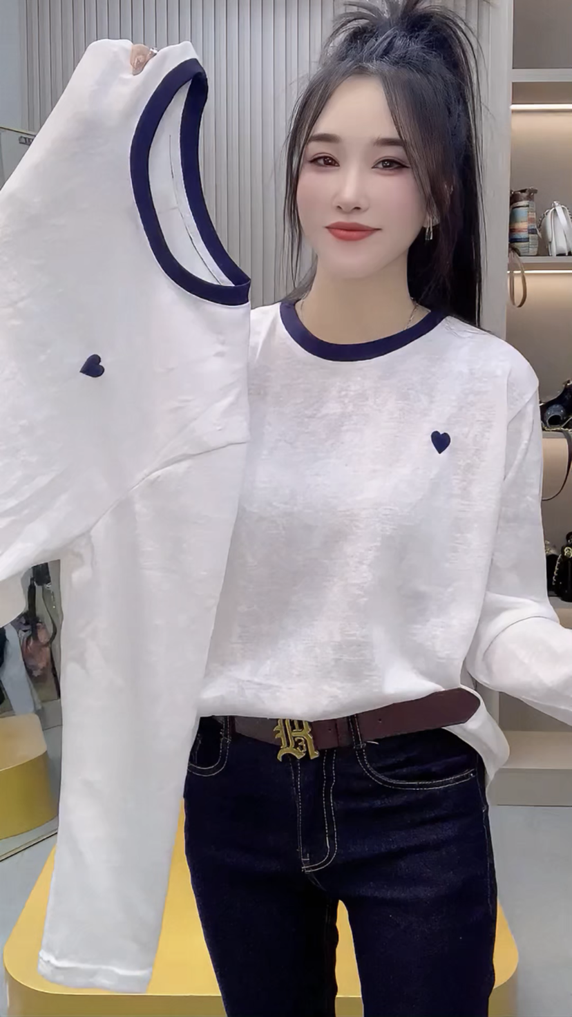 2025秋新款时尚设计感圆领显瘦百搭爱心刺绣长袖T恤女上衣防晒