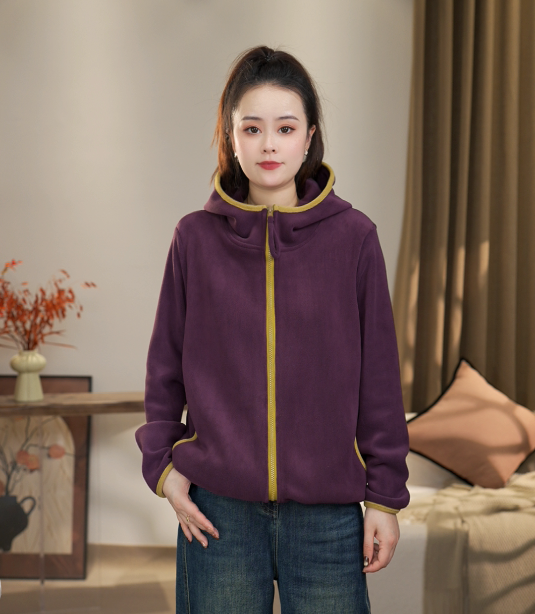 【沐沐】秋冬时尚休闲百搭双面奥粒绒宽松运动加绒保暖连帽长袖外套