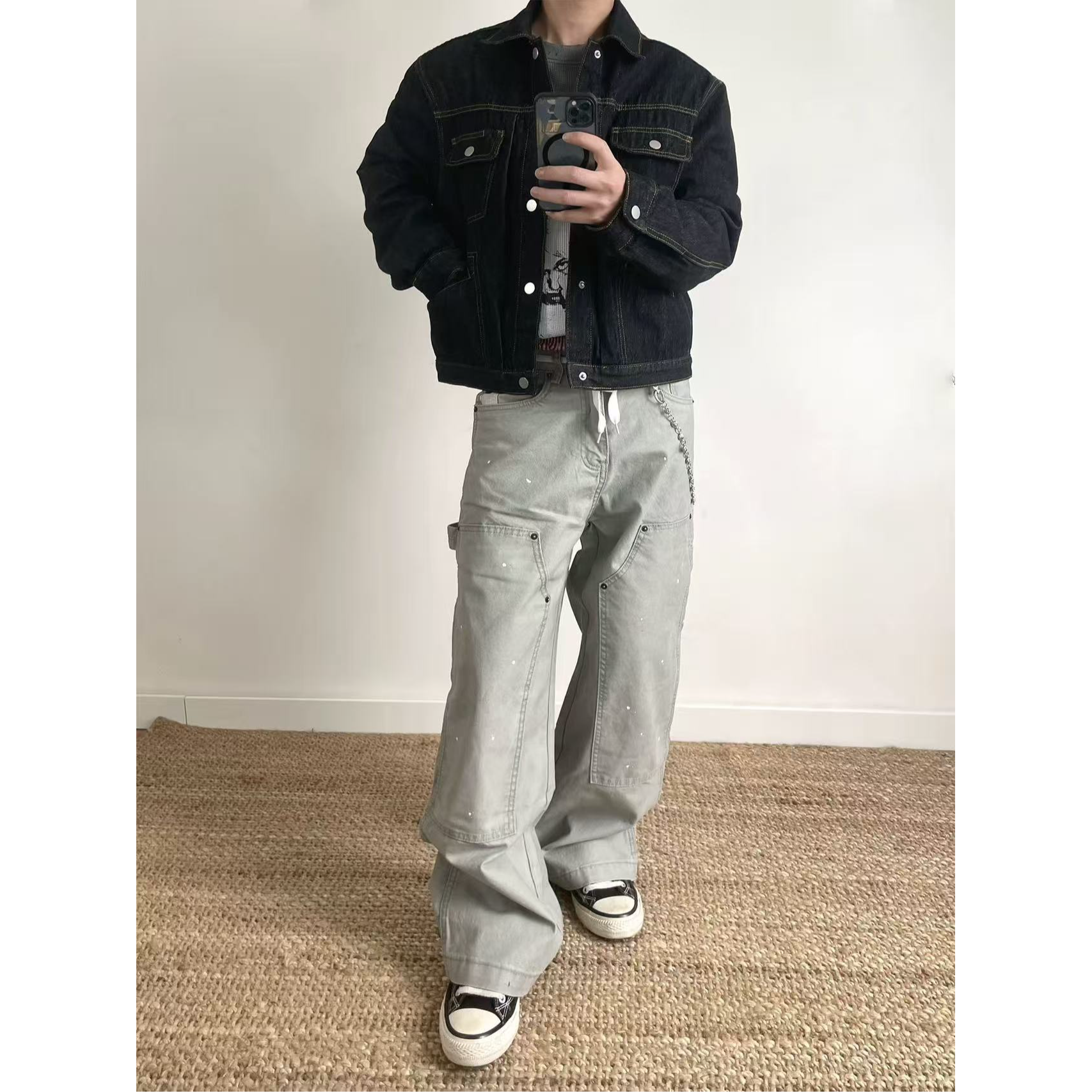 CHAOM美式泼墨水洗双膝工装裤烟盒刺绣直筒宽松阔腿伐木裤子031