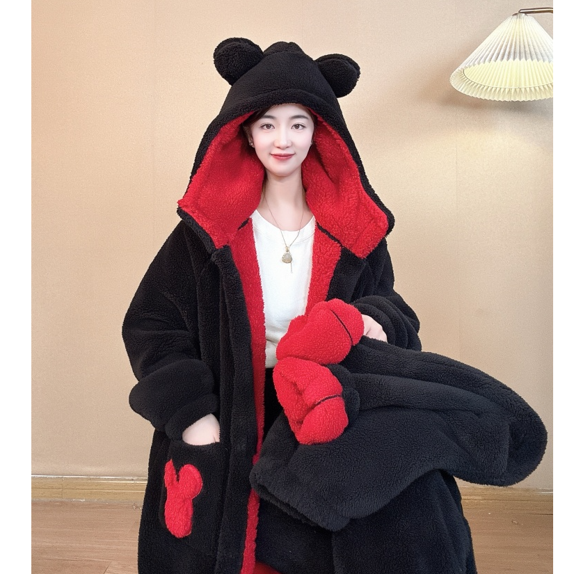 黑红米奇冬双层连帽中长款加绒加厚保暖新年家居服睡衣睡袍情侣款