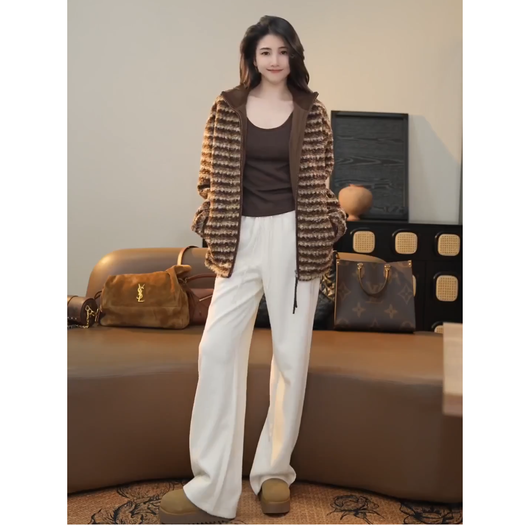 小乖逃休闲黄咖色条纹外套高领毛绒外套卷毛宽松秋冬百搭款TS8171