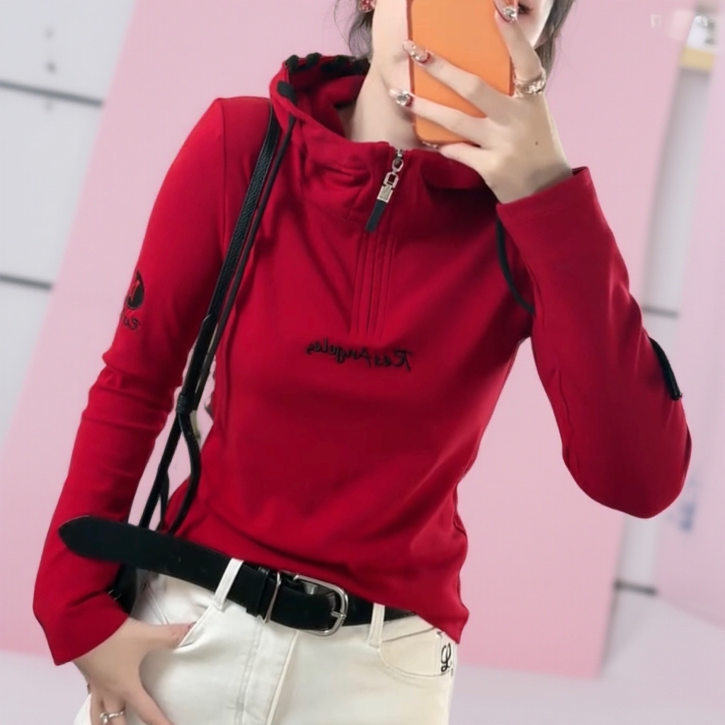 重工刺绣编织时尚拼色连帽半拉链长袖女秋冬洋气修身显瘦上衣潮