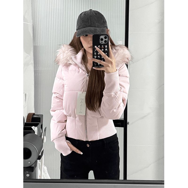 粉色大毛领羽绒服女2025冬季修身收腰显瘦小个子连帽90白鸭绒外套