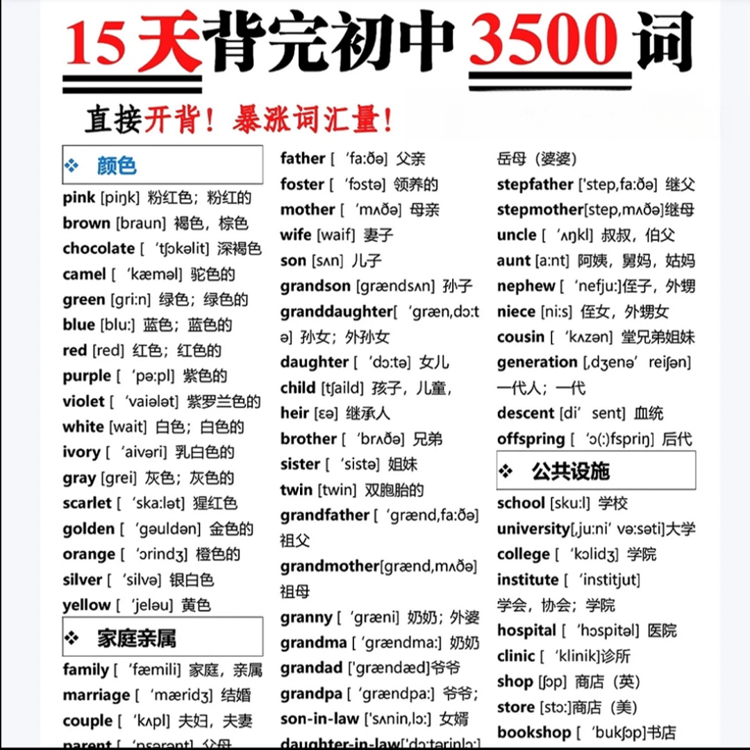 15天背完3500词字迹清晰中英文分类快速记忆学霸必背单词神器塑封