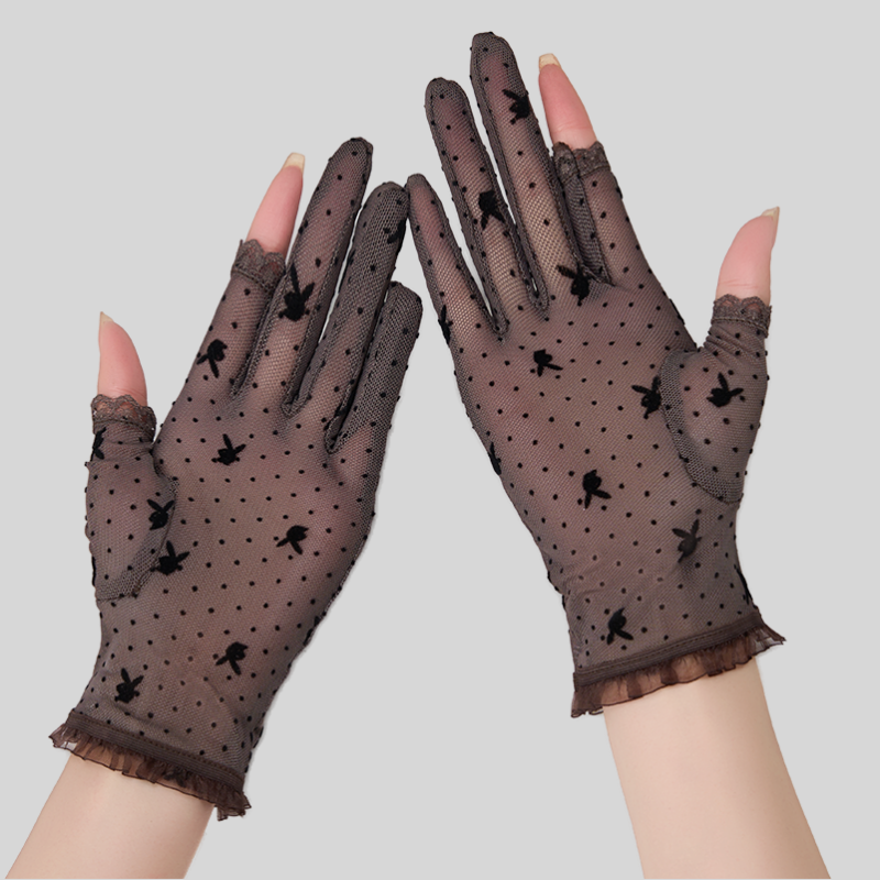 防晒露二指蕾丝手套女薄款透气黑色网纱漏半指性感优雅