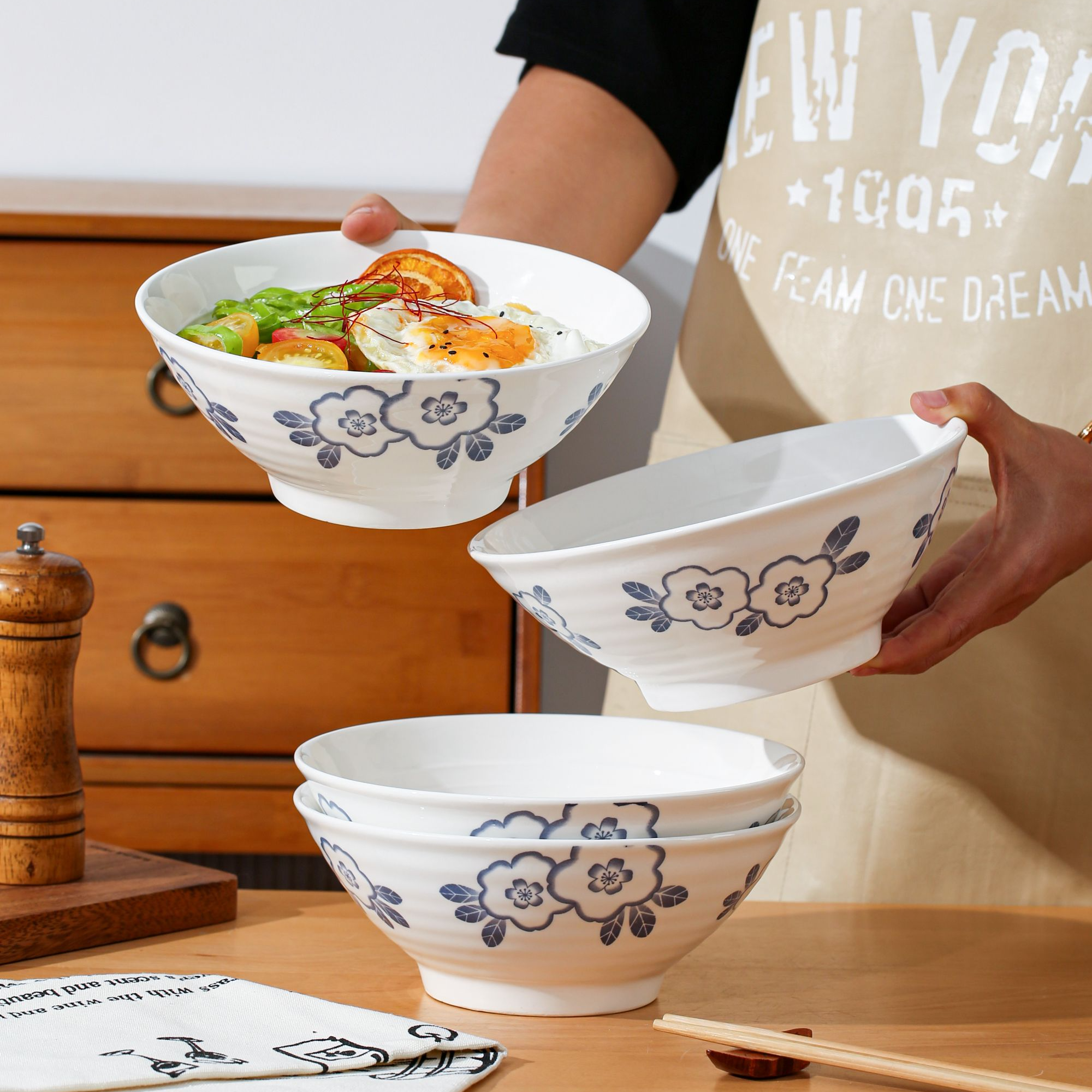 复古日式兰花拉面碗网红8英寸斗笠碗高颜值大号汤碗螺蛳粉釉下彩