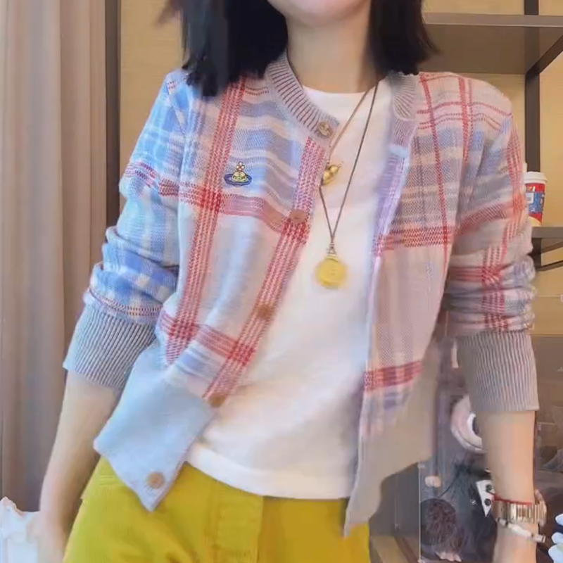 【星球格纹】韩系新款星球格纹显瘦百搭毛针织开衫LK2506978