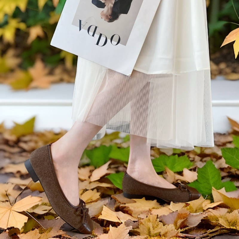 漫斯贝尔法式浅口一脚蹬单秋季新款韩版蝴蝶结方头平底浅口豆豆鞋