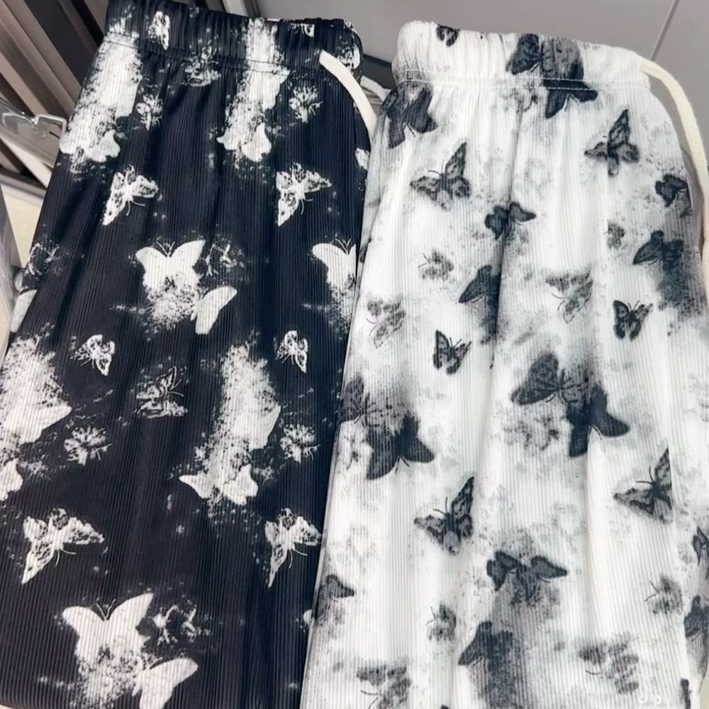水墨新中式阔腿裤女夏薄款高腰蝴蝶休闲直筒小个子冰丝遛弯防晒裤