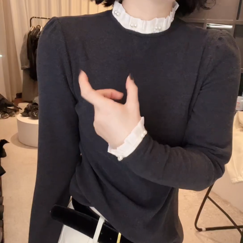 冬款花边领设计感时尚百搭长袖显瘦上衣女LK2501172