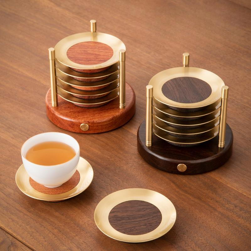 高档铜制杯垫套装黑檀木花梨实木杯托家用功夫茶具配件隔热茶垫子