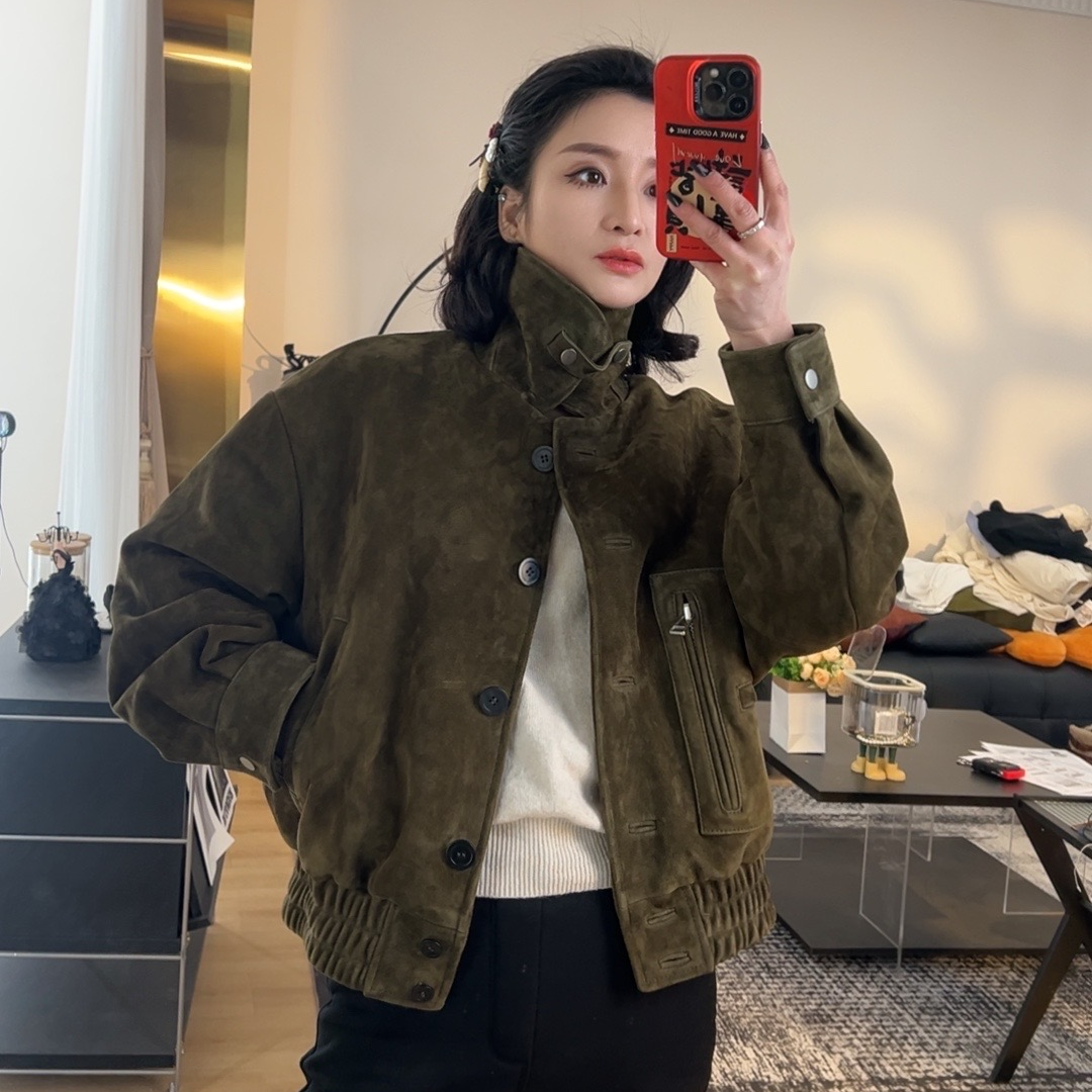 布朗尼 小禾风复古绒面皮衣外套女2025早春新款混种羊皮机车夹克