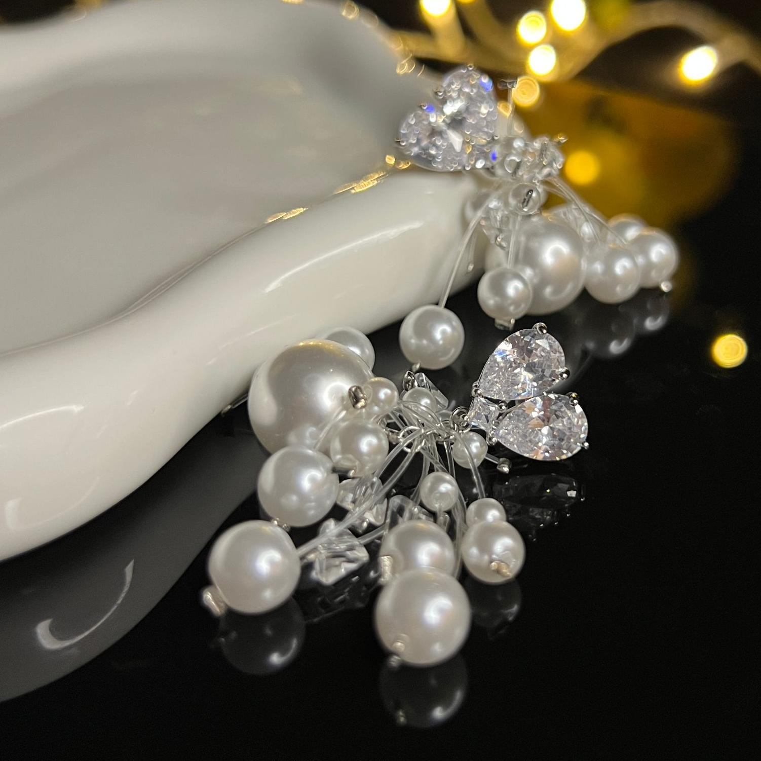 铜合金耳饰 R79【矜贵千金】超重工满天星爱心珍珠流苏不规则耳环