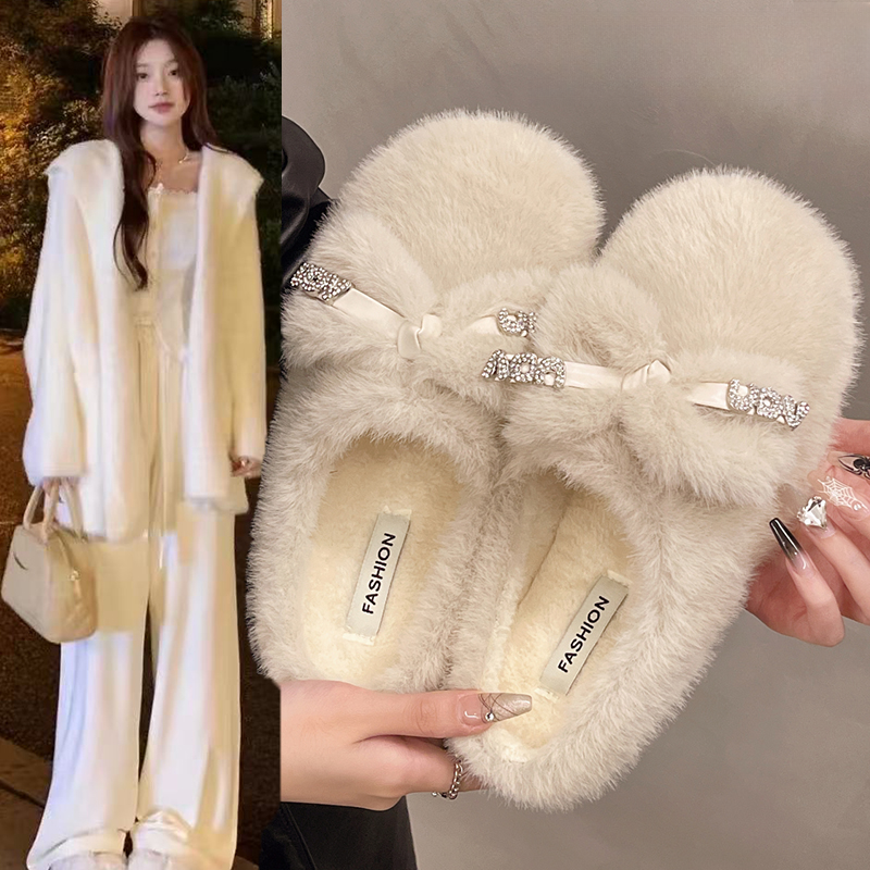 白色法式玛丽珍毛毛拖鞋女外穿加绒保暖秋冬季2025新款勃肯棉拖鞋