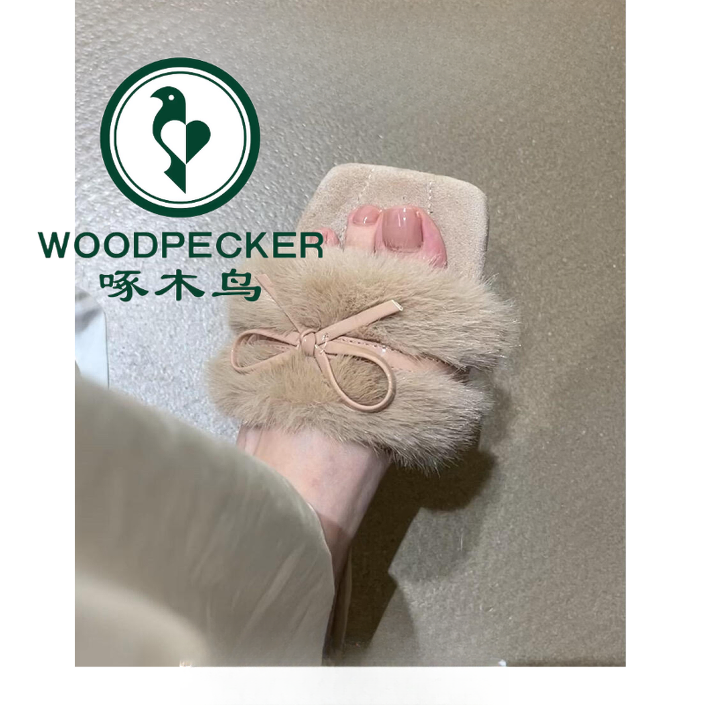 啄木鸟蝴蝶结平底毛毛拖鞋女外穿2025新款秋冬加绒棉鞋毛茸茸凉拖