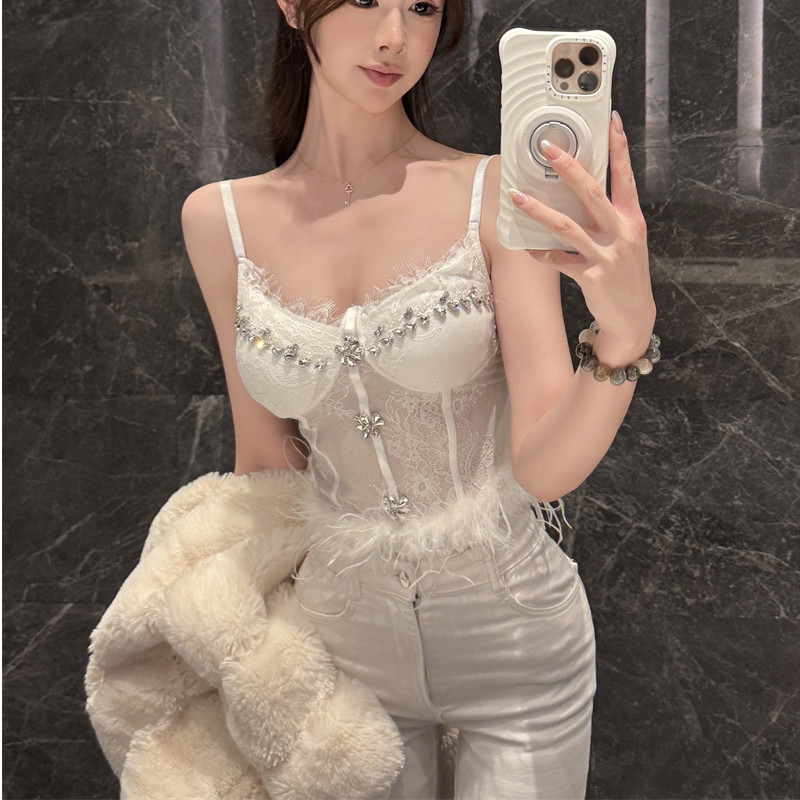 纯欲拼接蕾丝重工带钻抹胸超修身性感收腰背心吊带