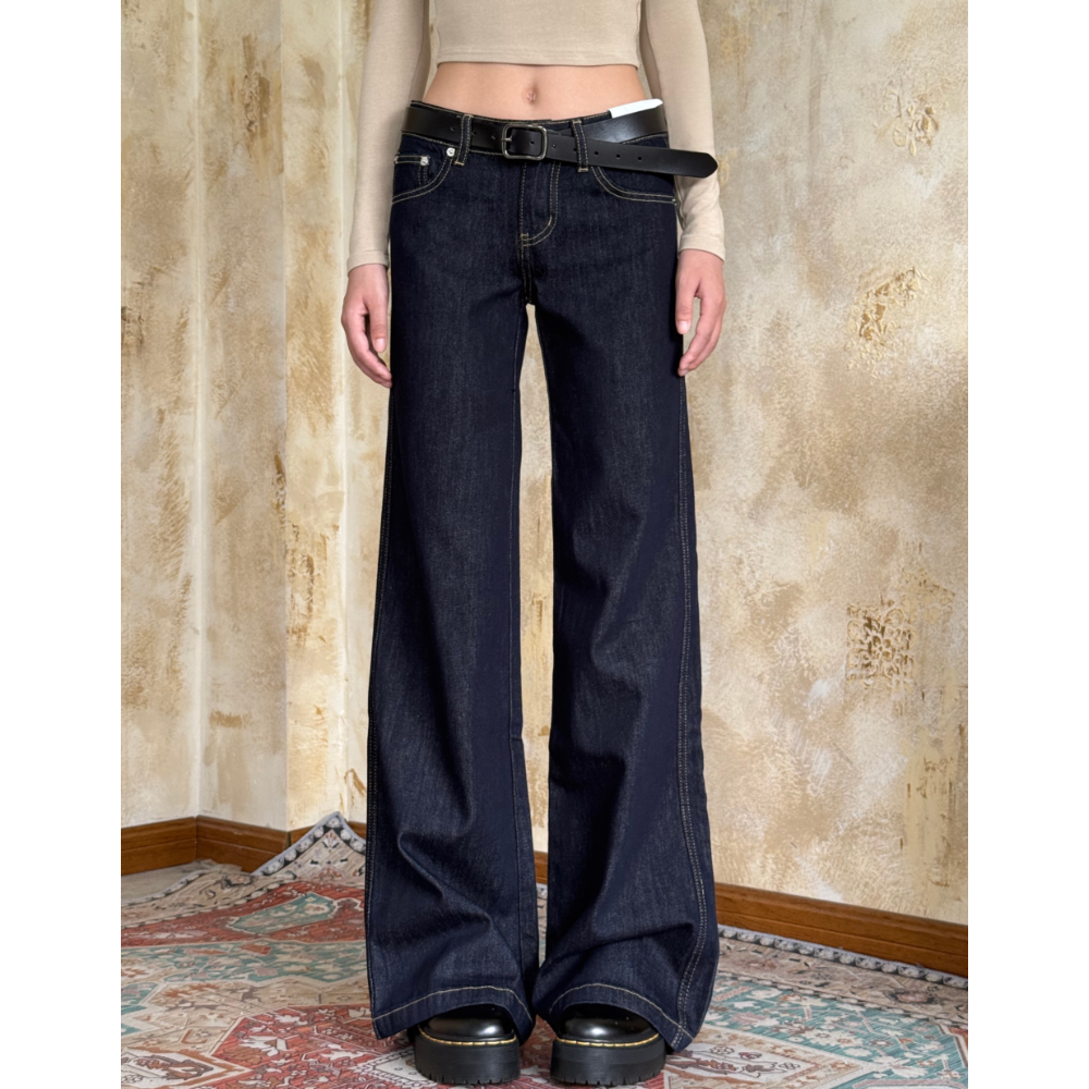 美式原牛深色微喇牛仔裤女2025秋季新款宽松时尚百搭显瘦拖地长裤