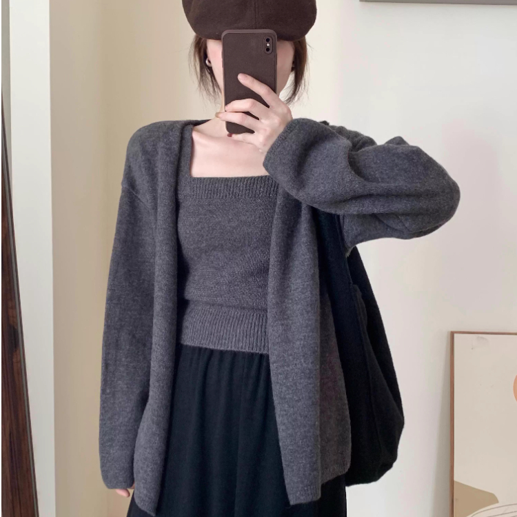 纯色休闲加厚吊带背心两件套2025秋季新款通勤小个子上衣内搭套装