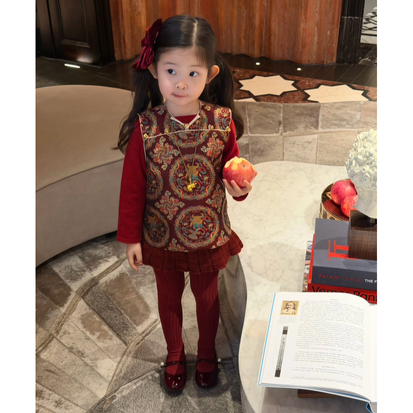 壹妈套装女童新中式套装冬季新款女宝宝红色碎花夹棉背心洋气半裙