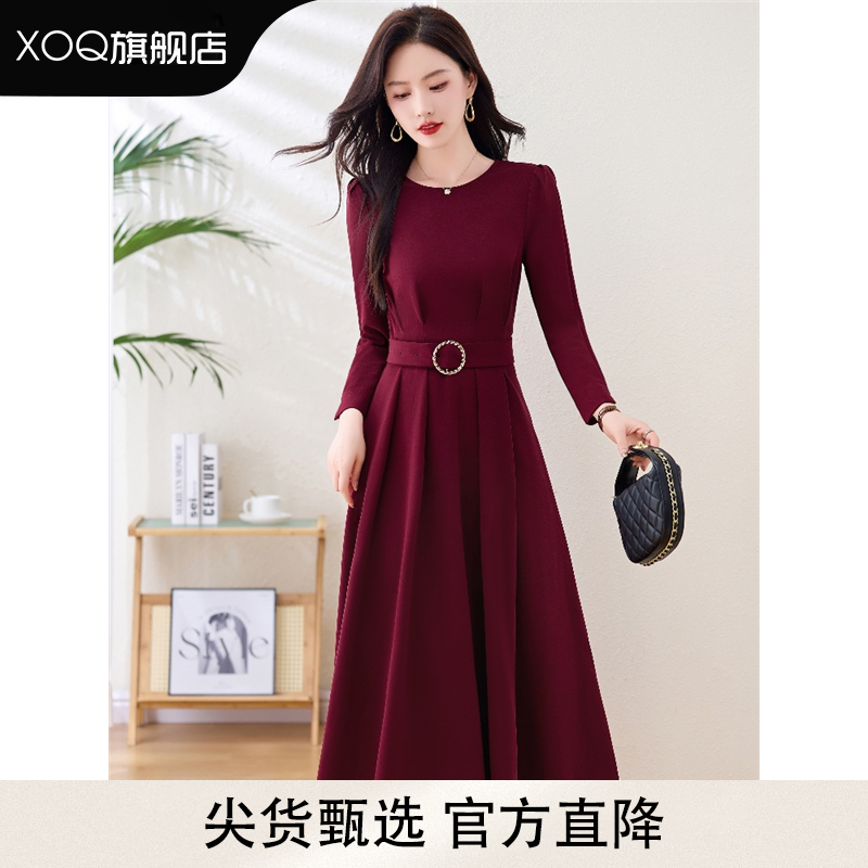 XOQ官方安可拉红色长袖连衣裙女秋冬新款高级感气质收腰显瘦裙子