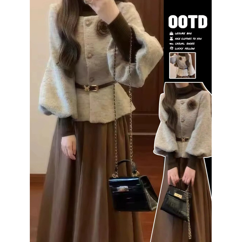 一整套秋冬气质小香风名媛洋气灯笼袖收腰外套法式复古半身裙套装