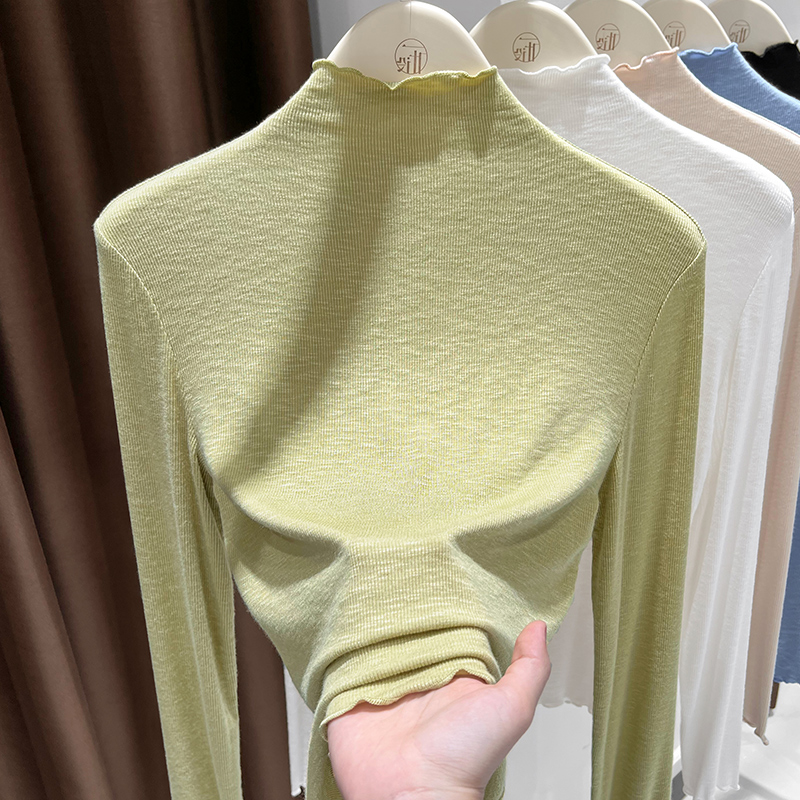 竹节棉薄款纯色打底衫秋季新款长袖洋气高领T恤高档木耳边上衣女