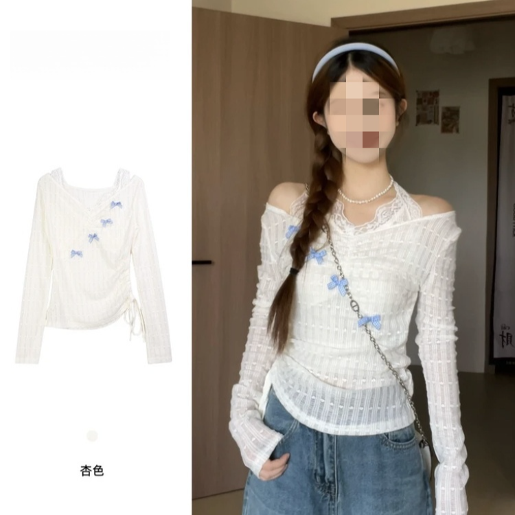 MISU/糜素甜辣妹蕾丝挂脖假两件长袖T恤女蝴蝶结露肩薄款罩衫上衣