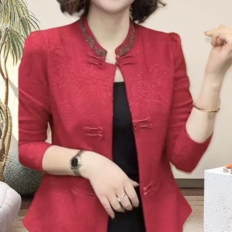 新款洋气时尚立领烫钻复古盘扣女士外套气质百搭减龄显瘦长袖上衣