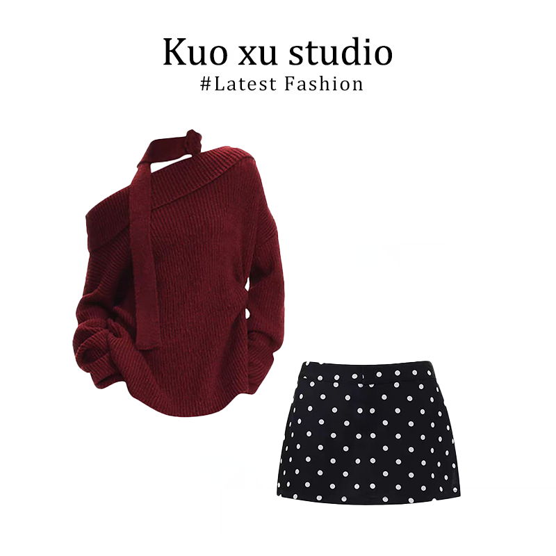 一字领长袖圣诞氛围感宽松显瘦百搭小众针织上衣韩系气质波点短裙