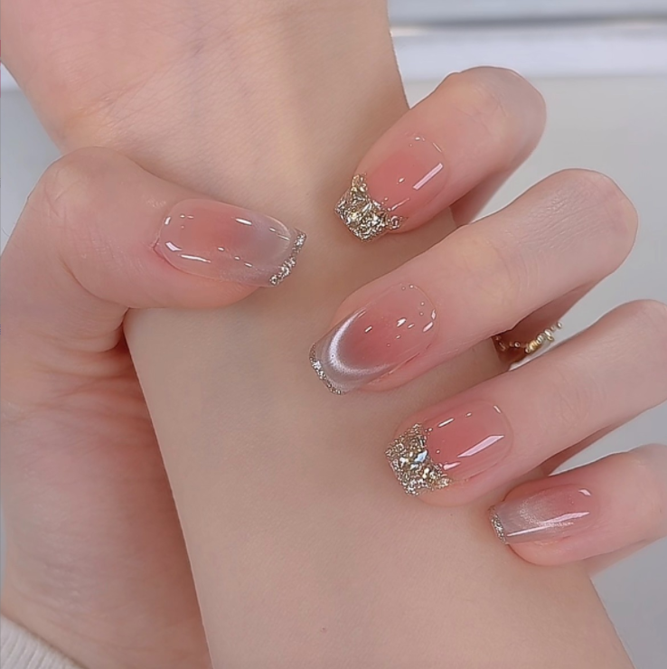 【鎏金碎钻】裸色温柔法式猫眼手工穿戴甲爆闪显白高级感美甲贴片