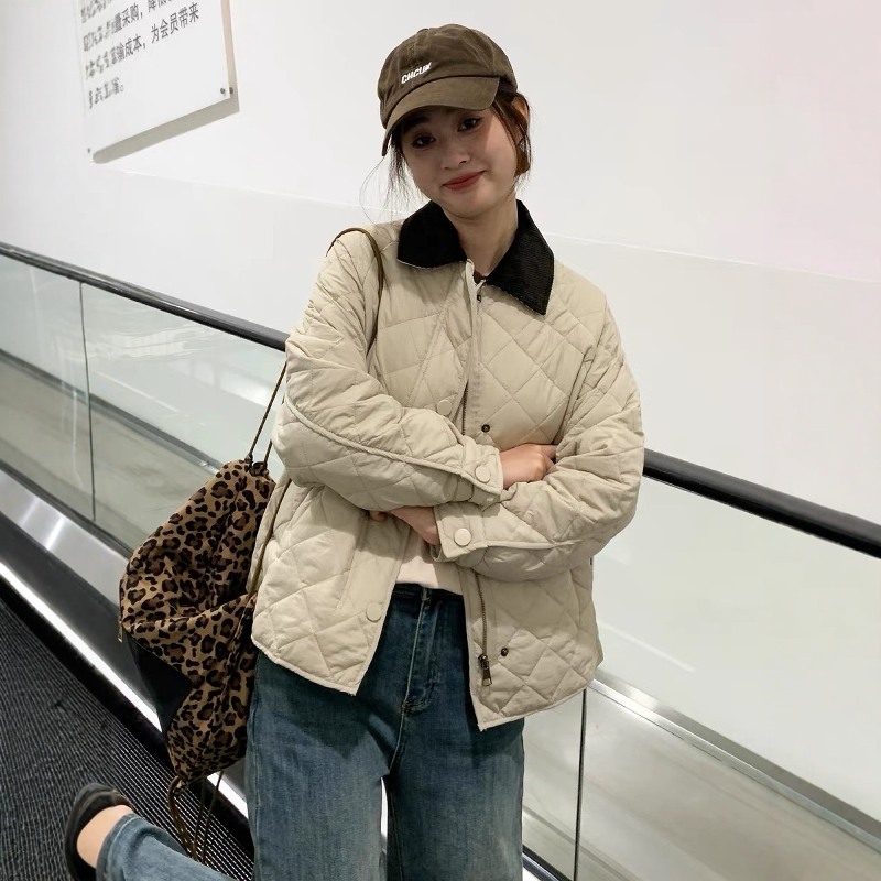 巴恩风撞色翻领菱格棉服外套女2025秋冬新款夹棉轻薄宽松休闲棉衣