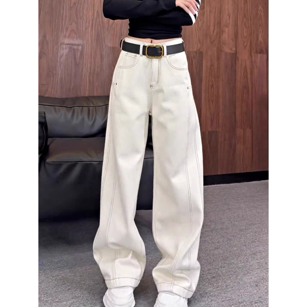 米白色阔腿弯刀牛仔裤女2025秋冬加绒新款高腰宽松显瘦垂感裤子
