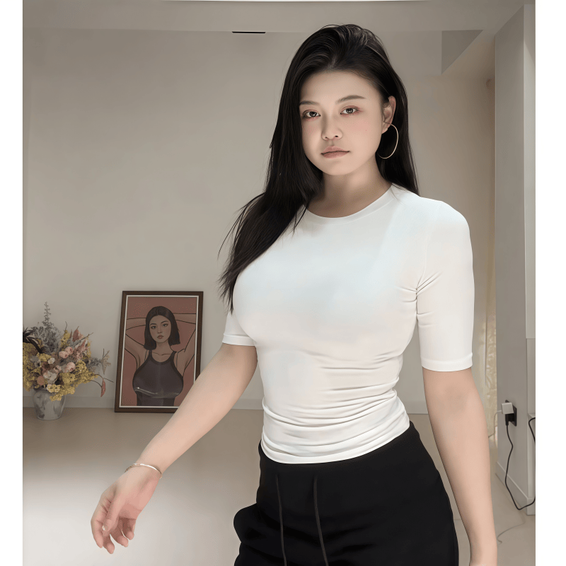 欧美风小圆领短袖恤女春季新款微胖正肩紧身性感修身中袖上衣韩版