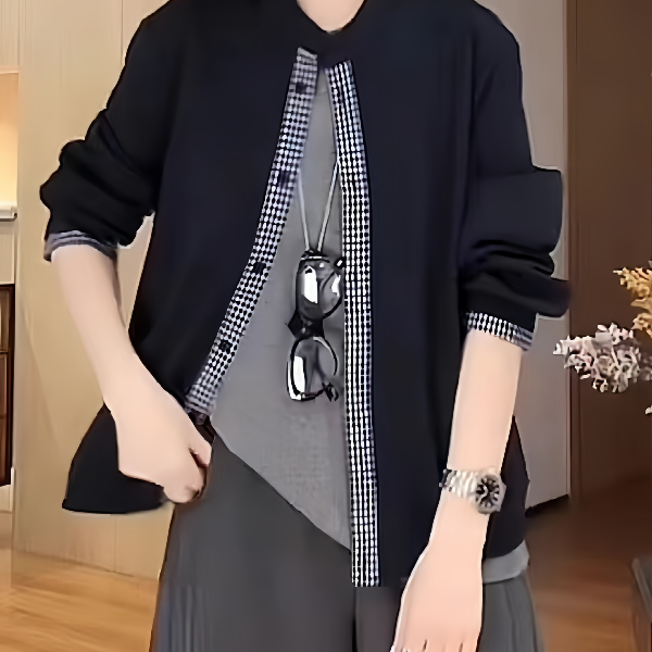 时尚拼接小开衫女士外套2025秋季大码胖MM宽松长袖设计感显瘦上衣