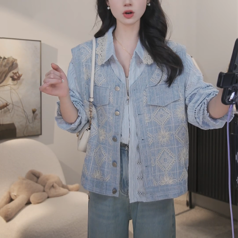 法式复古蕾丝拼接牛仔马甲外套女2025春季高级感洋气减龄长袖上衣