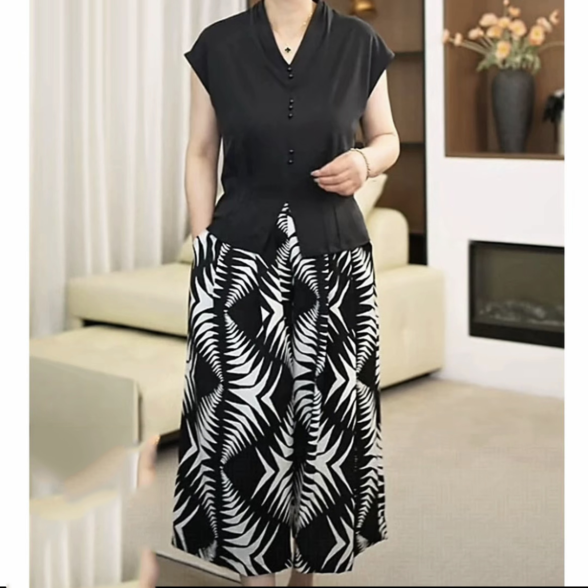 2025妈妈装新款轻熟风时尚套装衬衫洋气显瘦气质T恤阔腿裤两件套