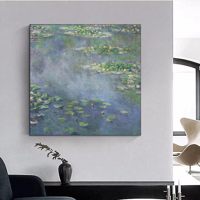 手绘莫奈方款睡莲印象派风景艺术油画装饰画客厅背景装饰画